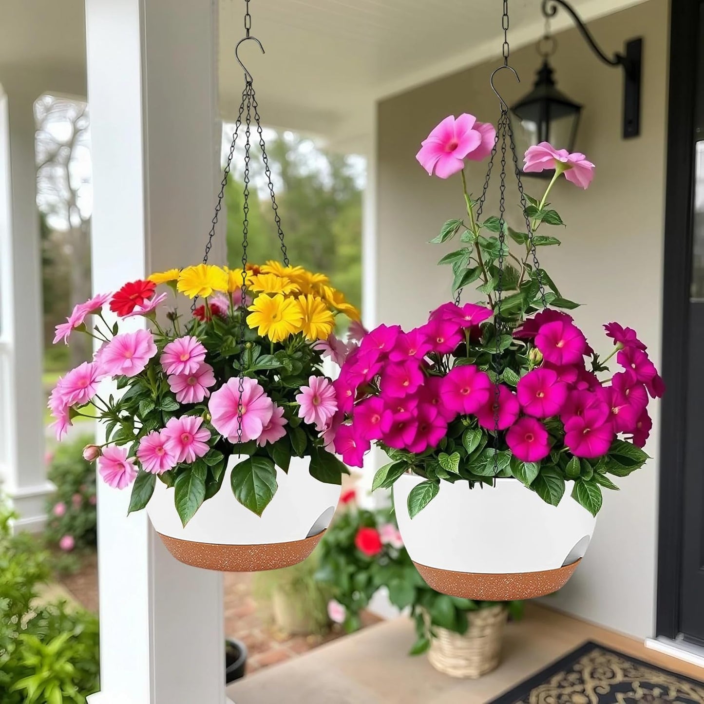 2 Pack Hanging Planters for Indoor Outdoor Plants, 12 Inch Self Watering Hanging Pot with Drainage Holes and Saucer, Plastic Plant Pots, White Brown Flower Pots for Kitchen, Balcony, Garden