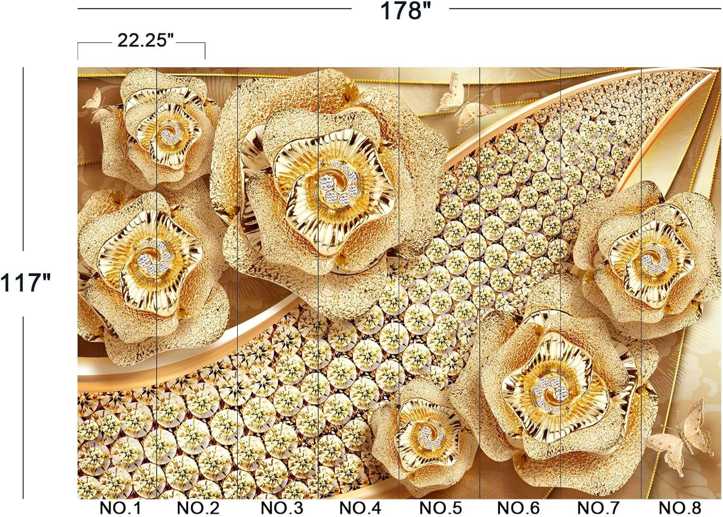 Golden Jewelry Diamond Rose Butterfly Wall Mural Wallpaper for Bedroom 178" x 117"