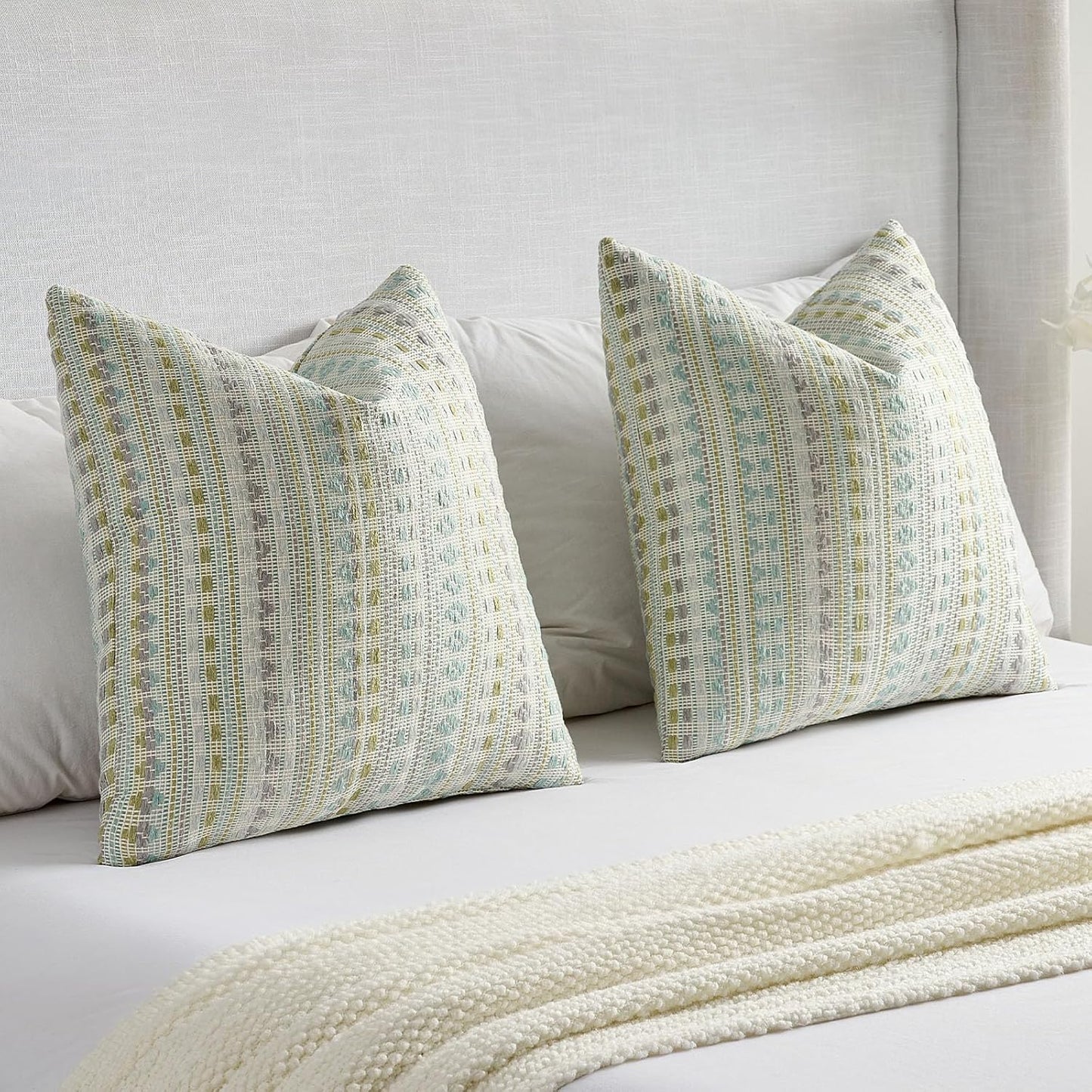 FUTEI Green Blue Decorative Throw Pillow Covers 24x24 Inch Set of 2,Soft Cozy Chenille Jacquard Textured Euro Pillow Shams,Boho Home Decor for Couch Bed Living Room