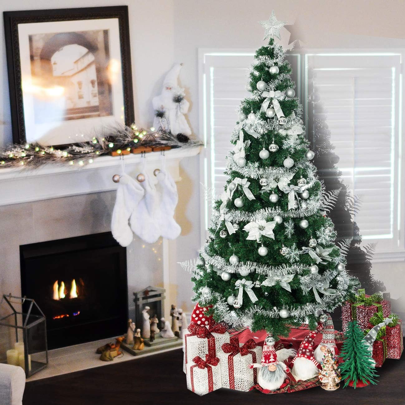 Sunnyglade 94 PCS Christmas Tree Ornaments Set with Glitter Poinsettia, Bows, Ribbons, Leaves & Assorted Decoration Ball for Xmas Tree Holiday Wedding Party Decorations (Silver White)