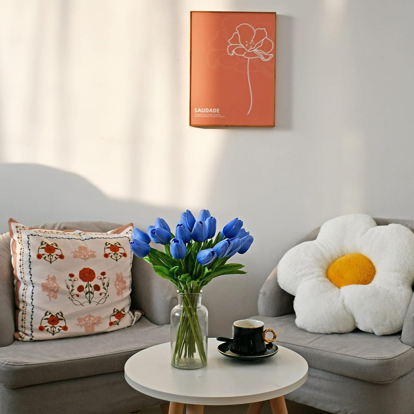 Mandy's Artificial Tulips 20 Stems Light Blue PU Faux Flowers for Wedding Home Decor 13.5 Inch