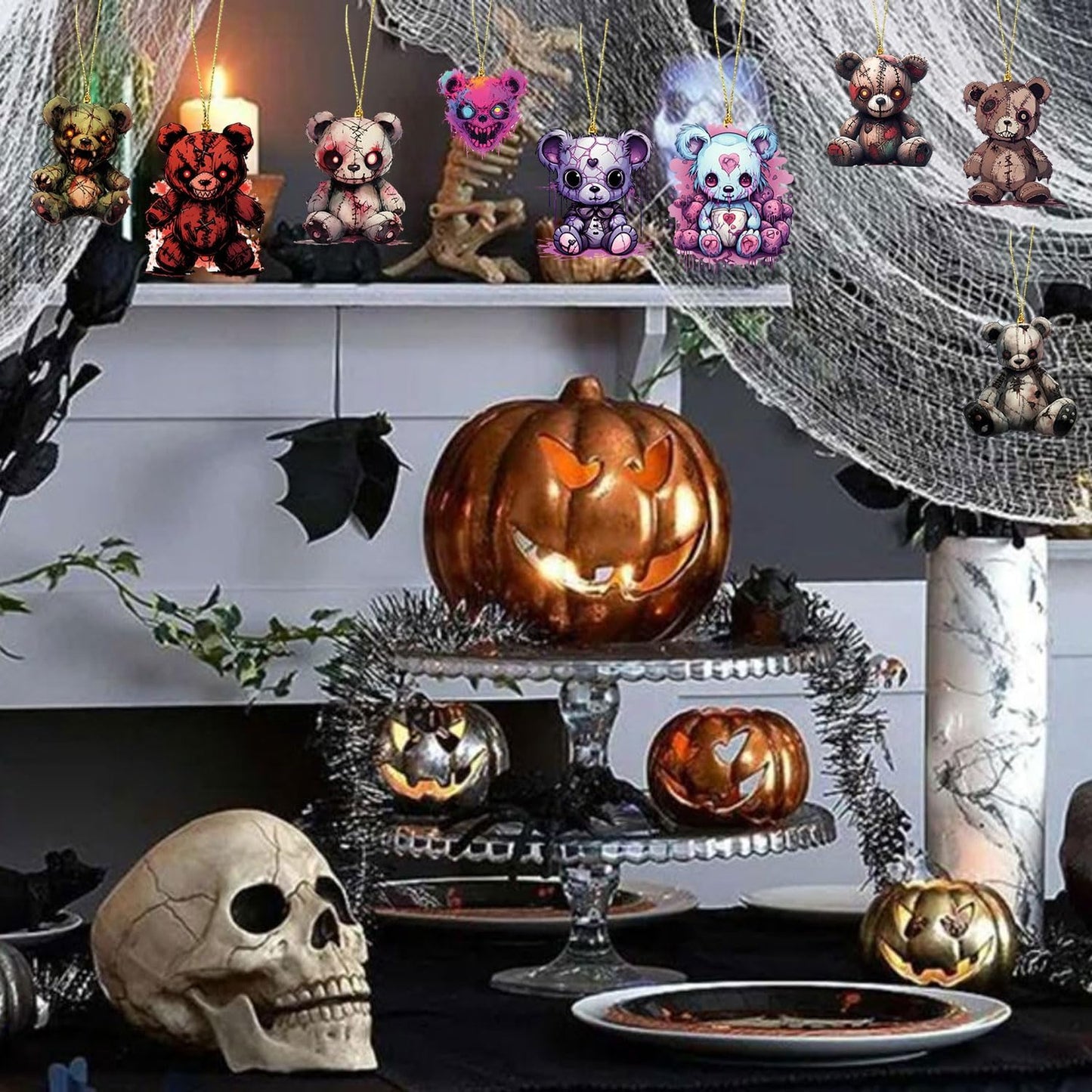 Halloween Tree Hanging Ornaments, 9 Pcs Cute Acrylic Pendant, Terror Bear Halloween Accessories, Funny Cartoon Christmas Tree Decoration for Mini Characters Decorations Indoor Outdoo