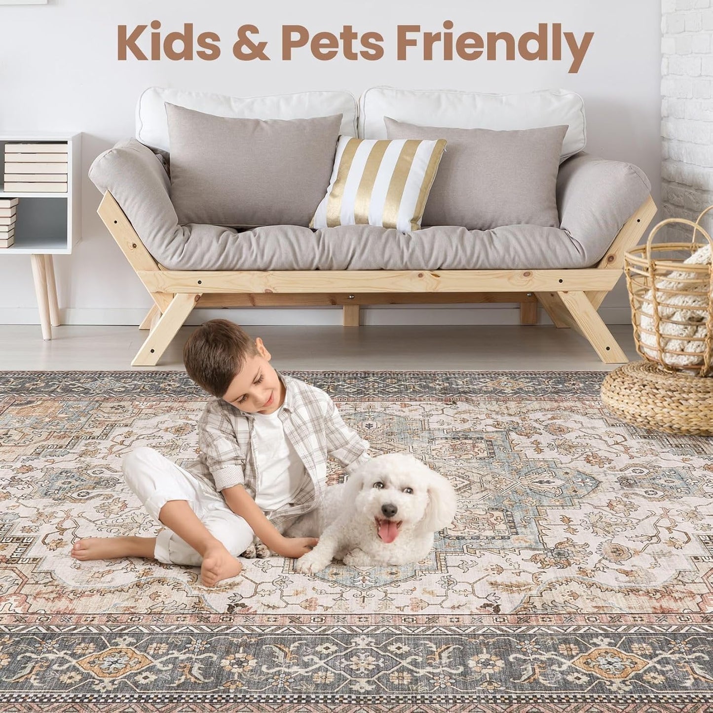 Washable Area Rugs for Living Room - 7x9 Neutral Vintage Distressed Floral Farmhouse Boho Large Soft Floor Rug Indoor Non Slip Carpet for Living Room Bedroom Dining Room Office - Forest Green Orange