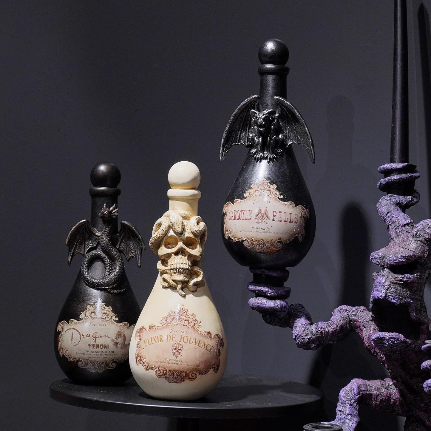 Braxio Gothic Home Decor Potion Bottles - Resin Black Gargoyles Halloween Potion Bottles Room Decor Aesthetic Gift for Women Halloween Prop Accessory Display Bottles 4.25 * 4.25 * 9.5 Inch
