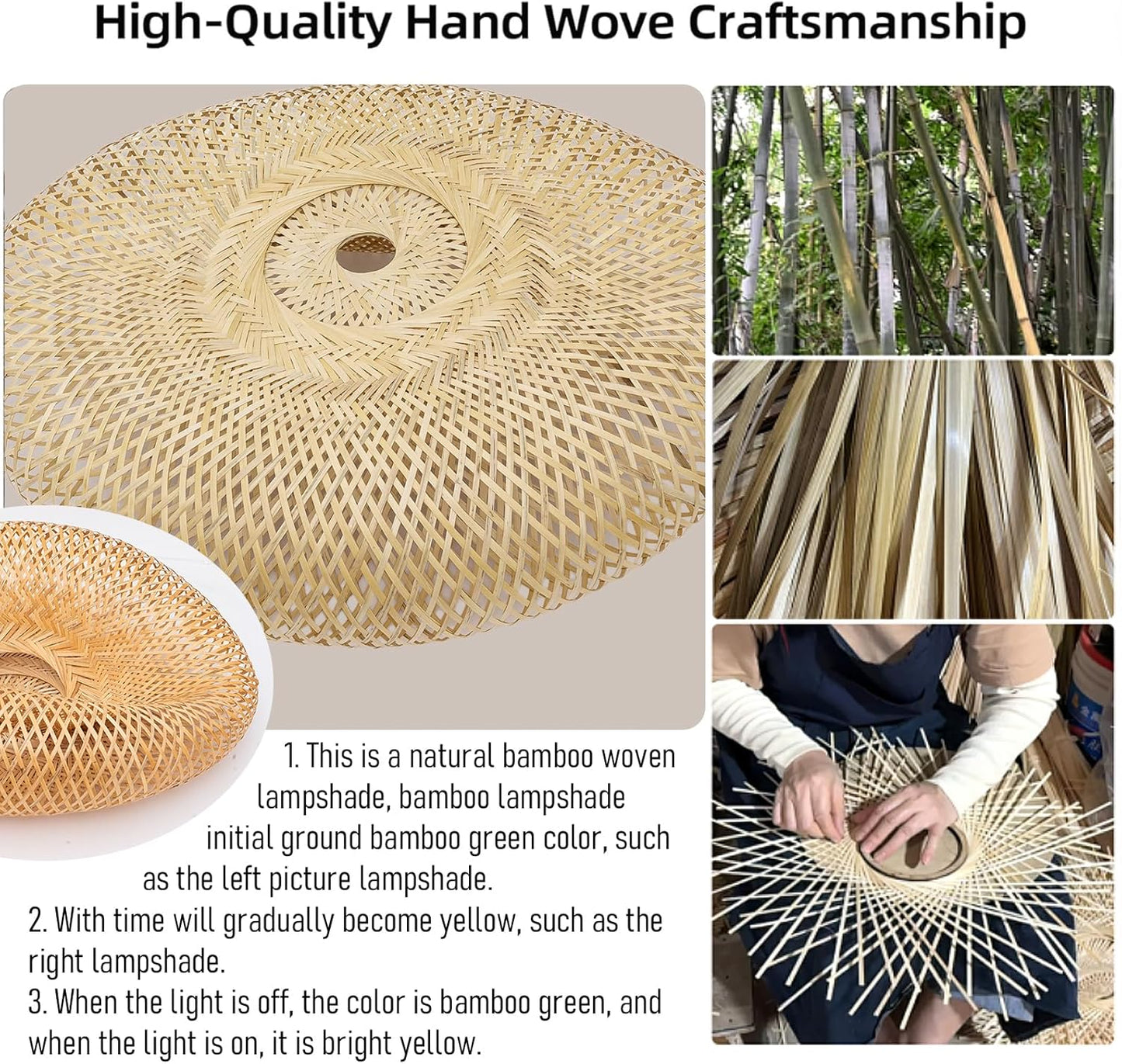 Hand Woven Bamboo Pendant Light,23.62 in Bamboo Rattan Ceiling Hanging Light Hand Woven Wicker Chandelier for Living Room Kitchen Dining Room Farmhouse