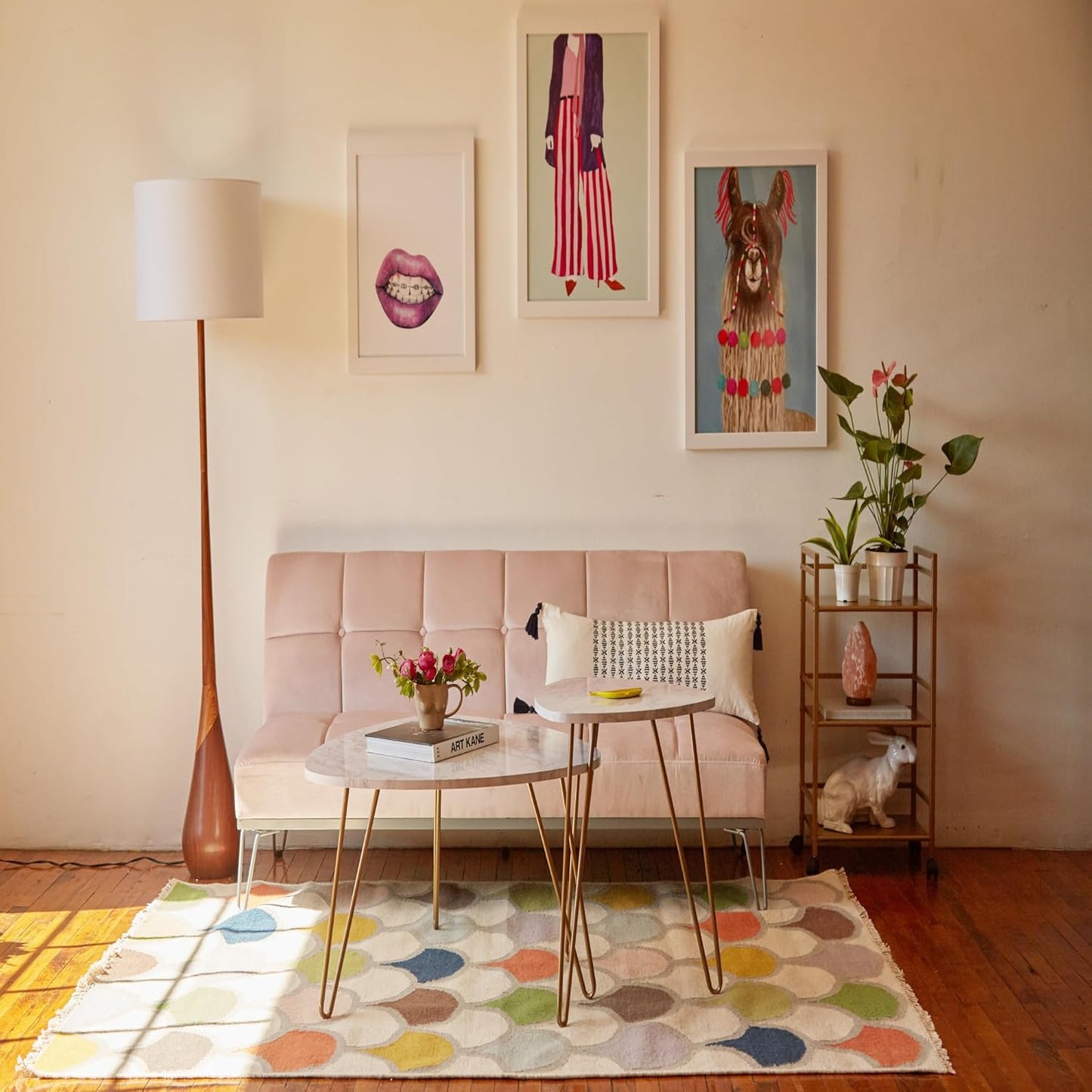 GLOBE Electric Novogratz x Harrington 65" Floor Lamp, 2-Tone Faux Wood Base, White Fabric Shade, Socket Rotary Switch 67225