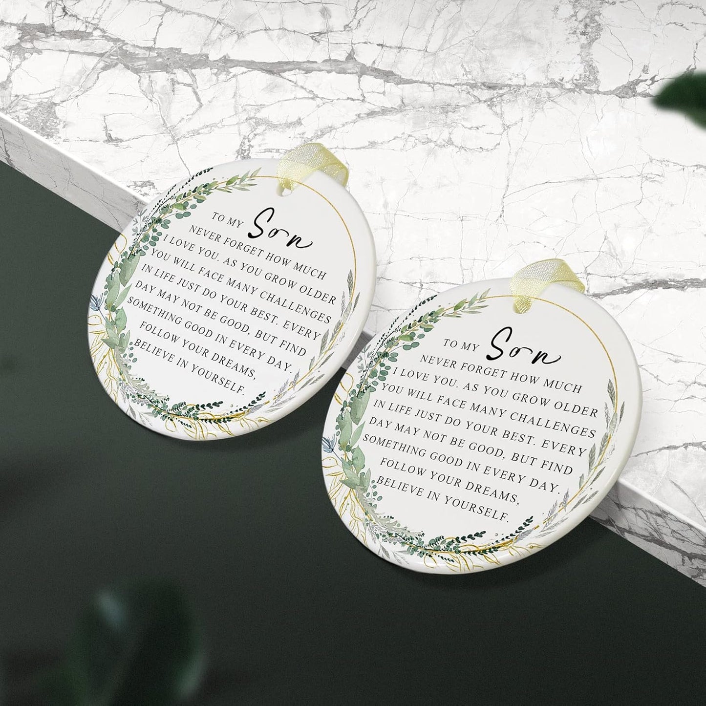 Son Ornaments 2025 Son Christmas Forever Ornament Best Ever Gift Double-Sided Printing Ceramic with Gift Box&Ribbon (2.9"