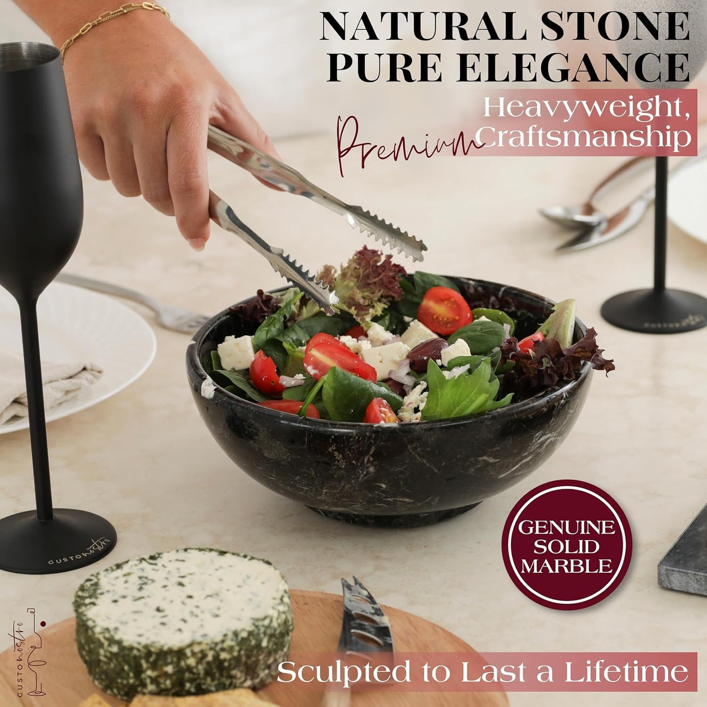 Gusto Nostro 8" Luxury Black Marble Decorative Bowl for Coffee Table - Elegant Modern Fruit Bowl for Kitchen Counter - Heavy Stone Entryway Catch all for Keys, Jewelry, Potpourri Holder Centerpiece