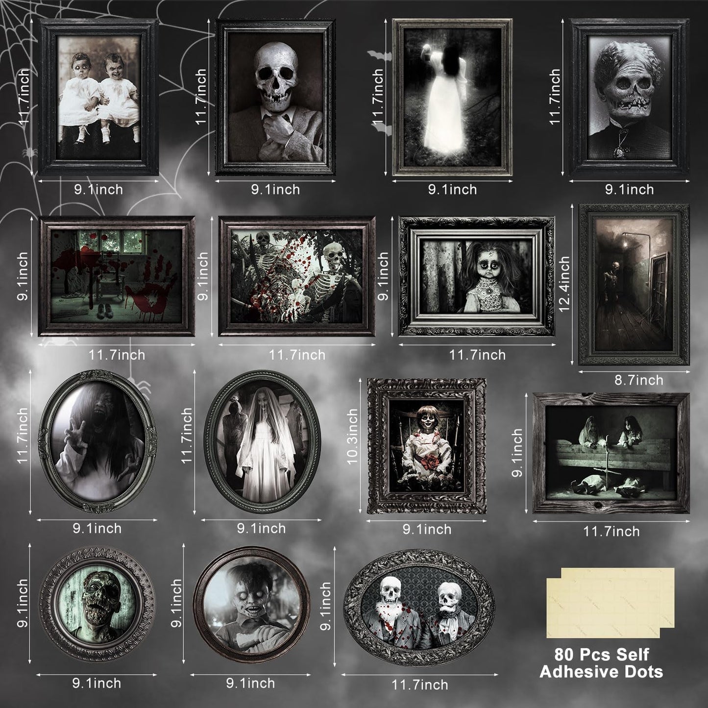15 Halloween Gothic Creepy Skull Photos Haunted Horror Picture Frame, Waterproof Durable, with 80pcs Self Adhesive Dots,Creepy Photo Decoration For Haunted Family Castle Masquerade Party Black