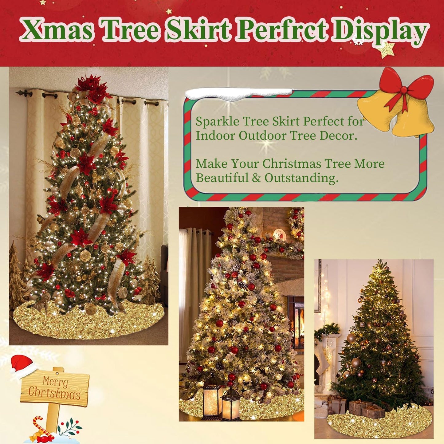 Gold Tree Skirt 36 Inch Shiny Sequin Christmas Tree Skirt Christmas Ornaments for Feast Tree Velvet Round Xmas Tree Skirts Glitter Metallic Christmas Tree Base Skirt Unique Sequins Tree Blanket.