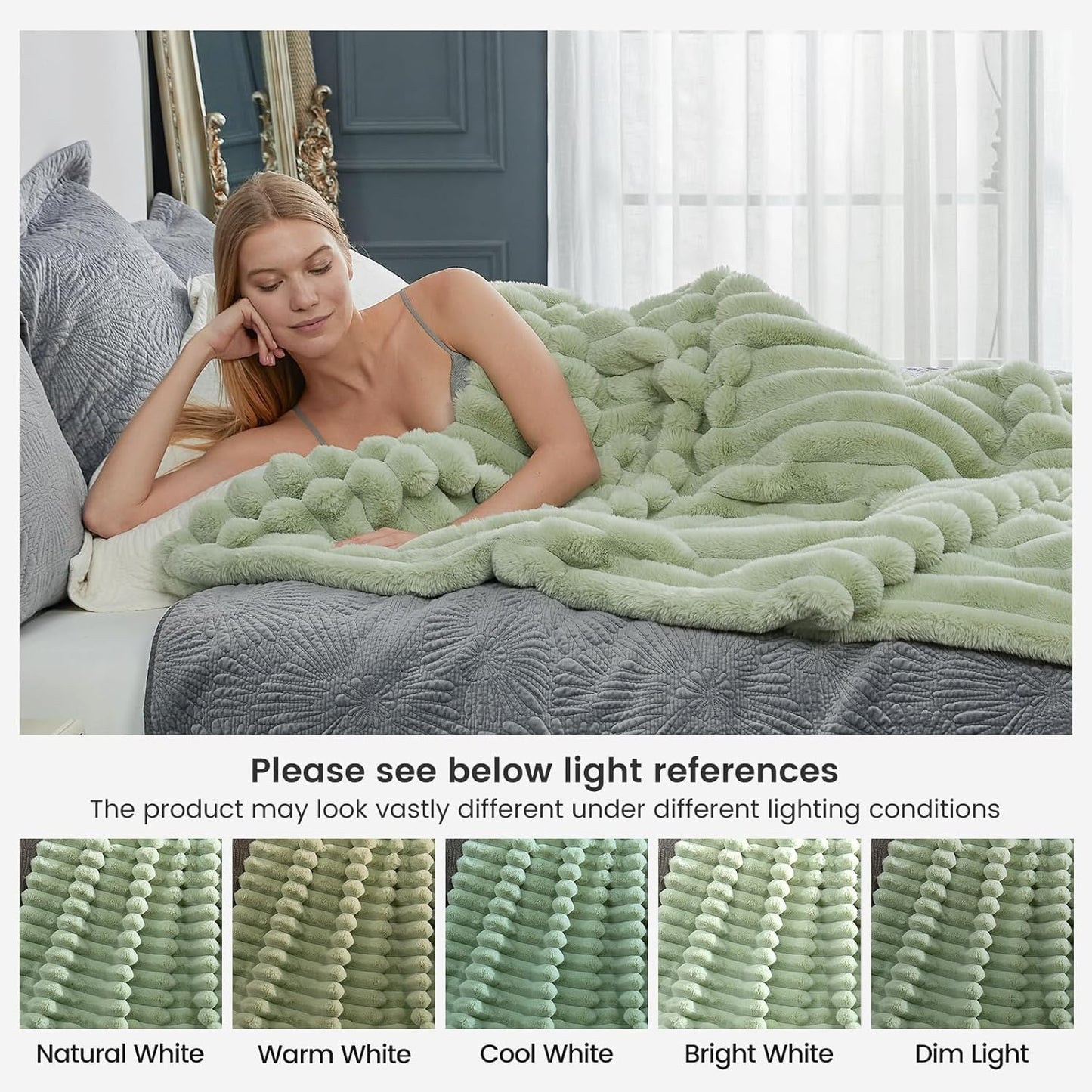 Cozy Bliss Faux Fur Throw Blanket for Couch, Cozy Warm Plush Striped Blanket for Sofa Bedroom Living Room, 50 * 60 Inches Sage Green