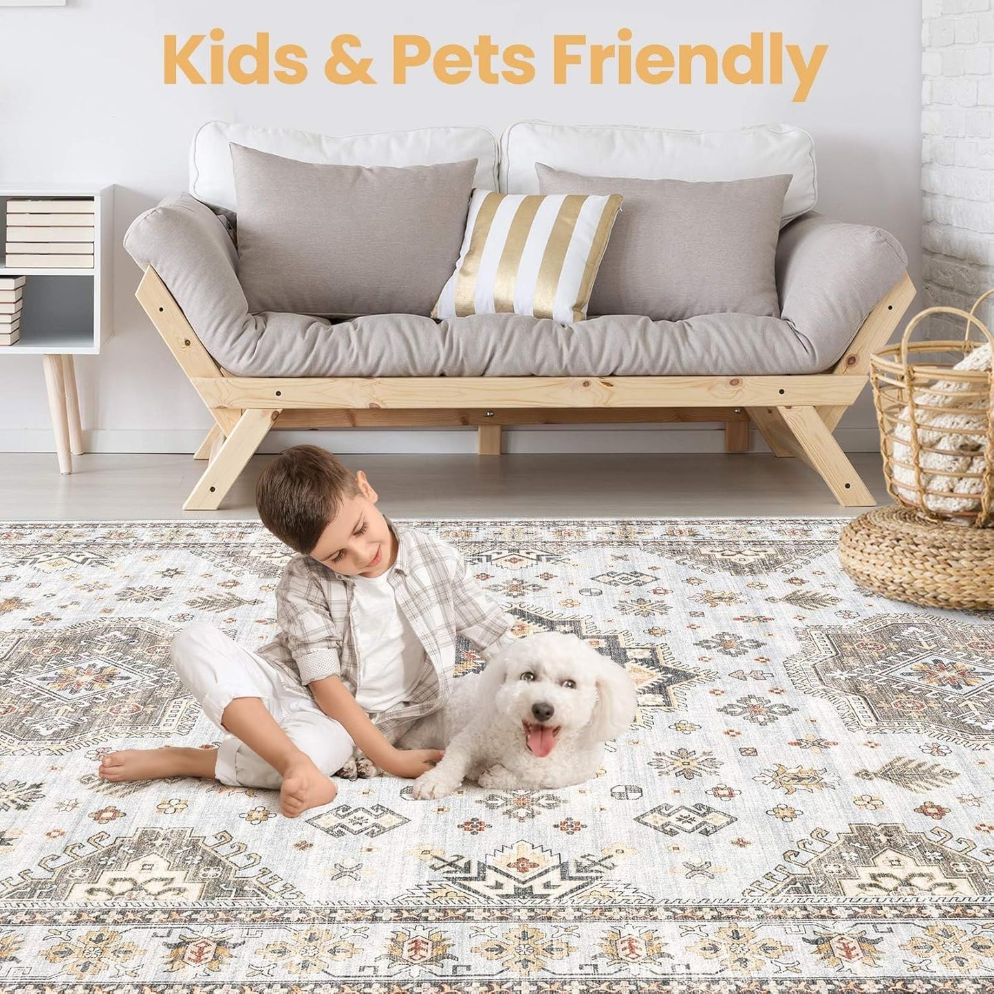 Washable Area Rugs for Living Room -10x13 Neutral Vintage Distressed Floral Farmhouse Boho Large Soft Floor Rug Indoor Non Slip Carpet for Living Room Bedroom Dining Room Office-Blue Brown