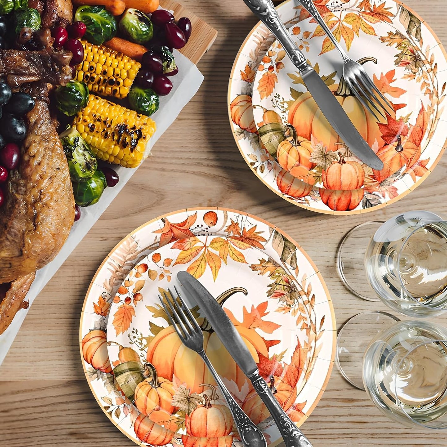 150Pcs Thanksgiving Fall Pumpkin Paper Plates and Napkins Fall Party Supplies Watercolor Pumpkin Maple Disposable Plates Autumn Plates for Fall Decor Thanksgiving Party Supplies,Serve 50 Guests