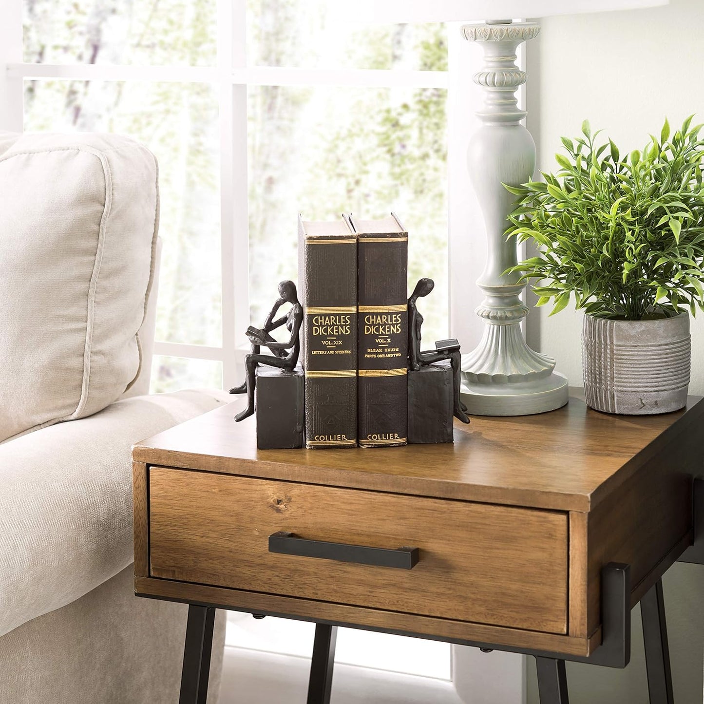 Danya B. Metal Art Shelf Decor - Decorative Cast Iron Bookend Set - Man and Woman Reading on a Block