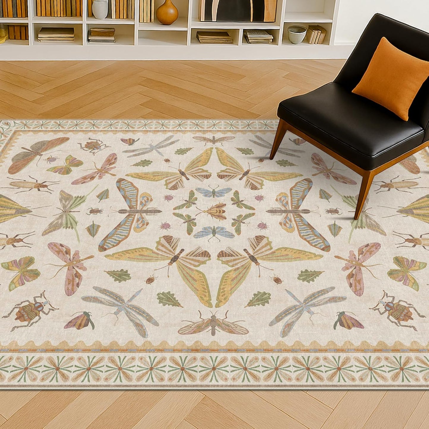 3x5 Washable Non-Slip Bathroom Rug, Colorful Insect Rug for Kids Room - Ultra Soft Low Pile Cottagecore Butterfly & Beetle Pattern for Nature-Inspired Home Décor