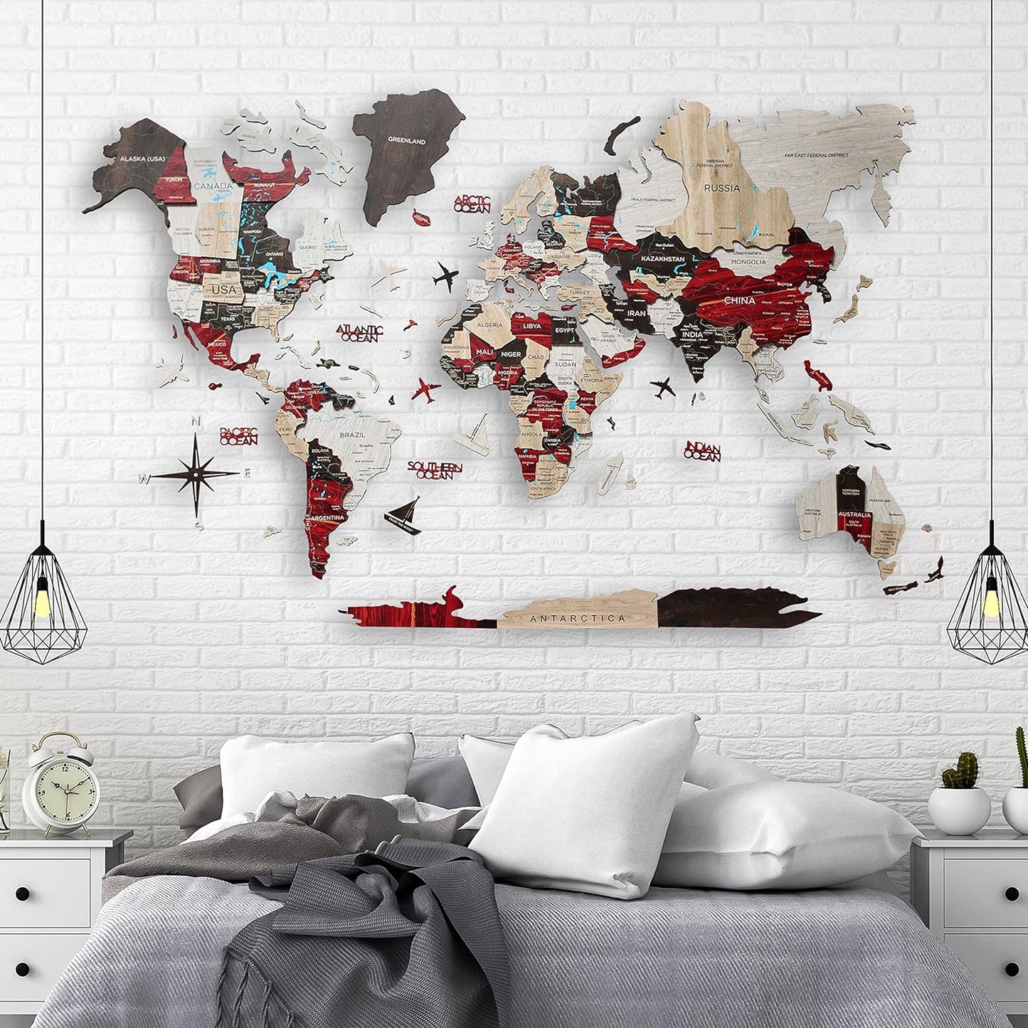 Handmade 3D Wood World Map Wall Art Large Wall Decor Track Your World Travels - Special For Home, Kitchen And Office (Large, Urban)