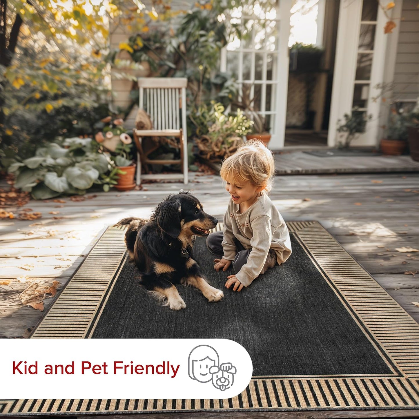 nuLOOM 6' 7" x 9' Outdoor Area Rug, Casual Design With Striped Border, Stain Resistant, Highly Durable, For Patio, Balcony, Bedroom, Living Room, Dining Room, Bathroom, Dark Grey