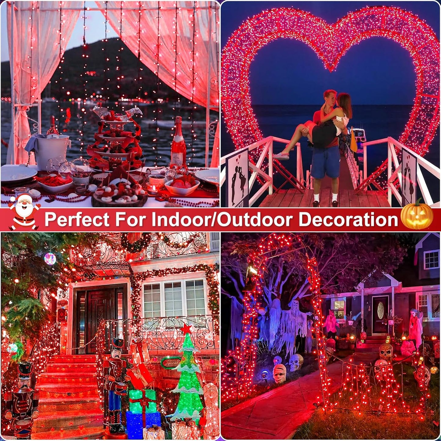 100FT 300 LED Christmas Lights Outdoor, Plug in Christmas Tree Lights with 8 Modes Waterproof, Plug in Green Wire String Twinkle Lights for Indoor Patio Wedding Party Decorations, Red