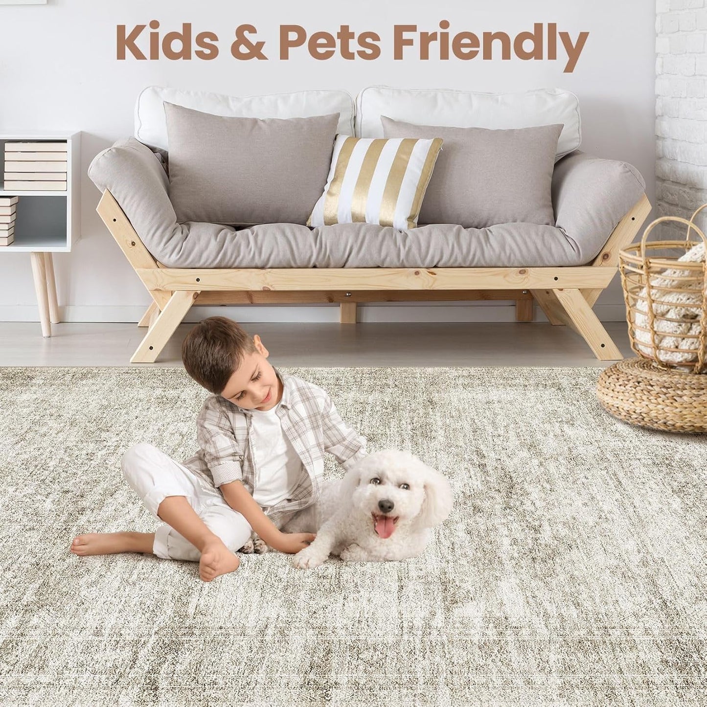 Washable Area Rugs for Living Room -9x12 Neutral Vintage Distressed Floral Farmhouse Boho Large Soft Floor Rug Indoor Non Slip Carpet for Living Room Bedroom Dining Room Office - Beige