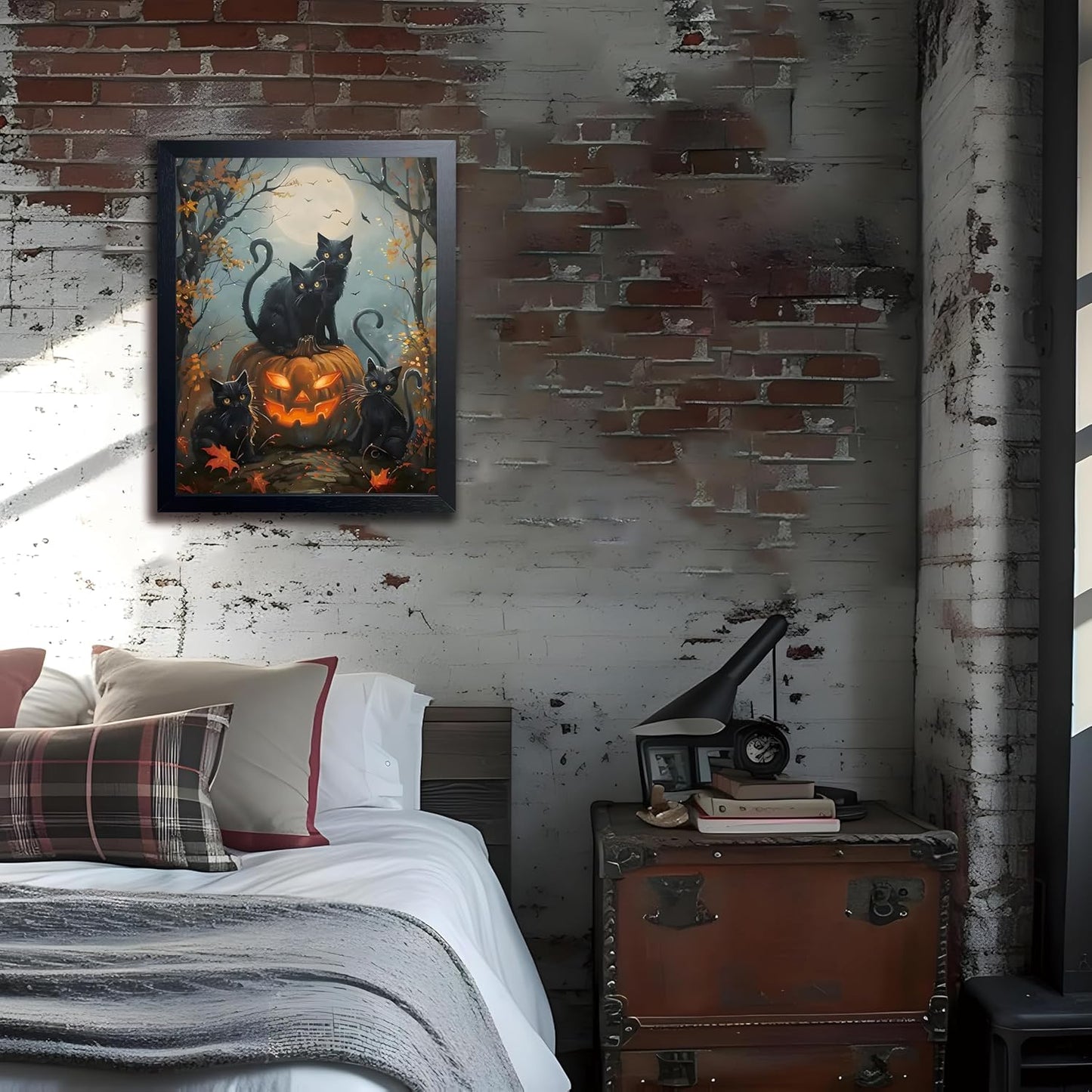 Halloween Black Cat Wall Art, Dark Academia Spooky Pumpkin Poster Wall Decor, Vintage Gothic Witchy Cat Canvas Print, for Bedroom Living Room Aesthetic Decor 12x16 Inch Wood Framed