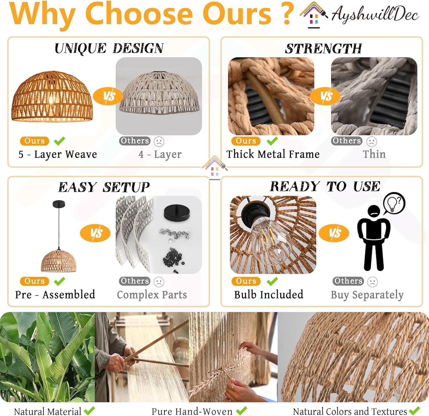 Hemp Rope Woven Pendant Light Woven Light Fixture Boho Chandelier Light Fixture Wicker Pendant Lights Rattan Lights Pendant Dome Wicker Chandelier for Dining Room Kitchen Island(Bulb Incl.