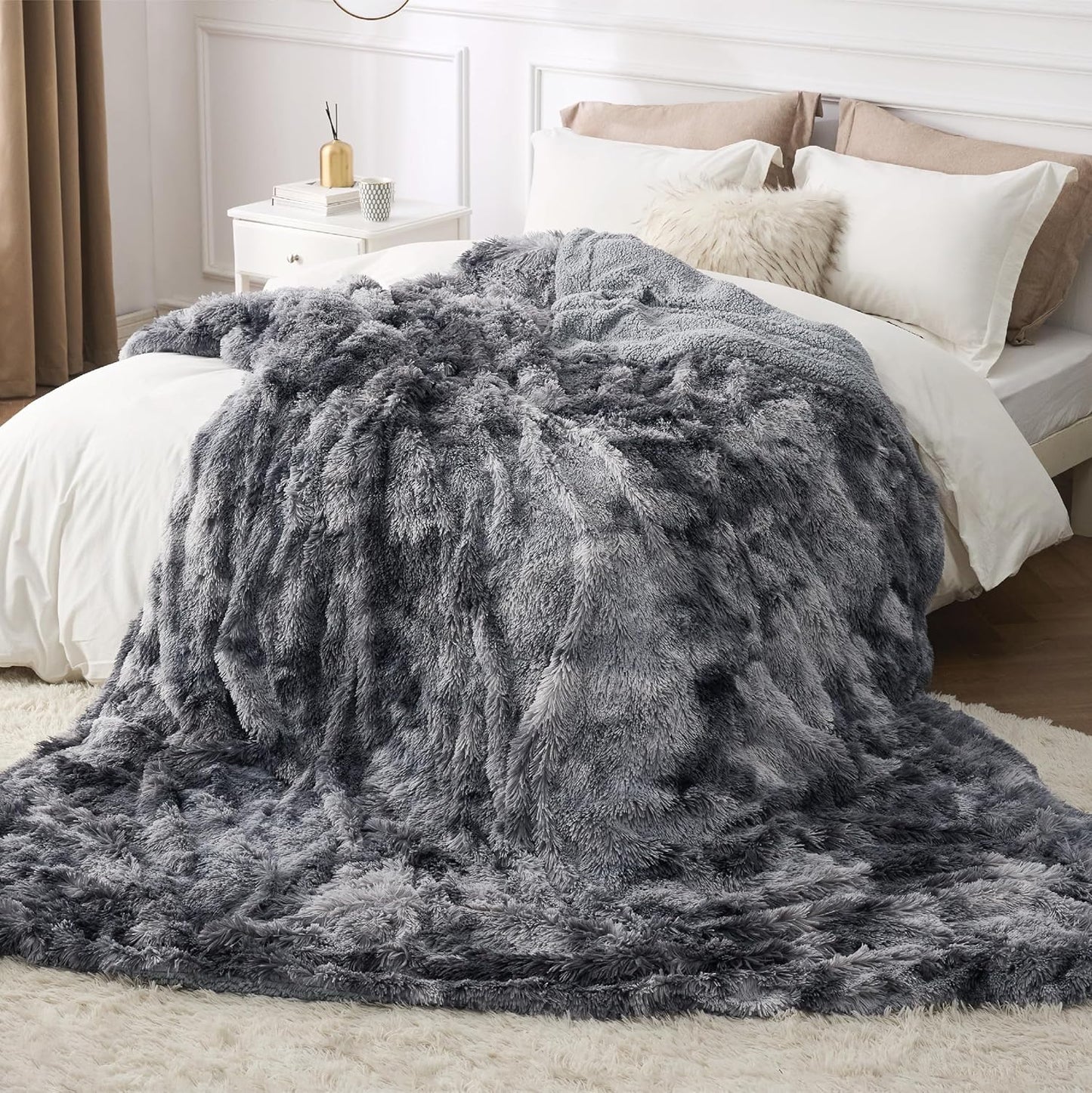 Bedsure GentleSoft Fluffy Sherpa Fleece Faux Fur Blankets Queen Size for Bed, Bedroom Decor Winter Thick Warm Full Queen Blankets, Fuzzy Plush Soft Heavy Mink Tie Dye Grey Bedding Cozy Gifts, 90x90