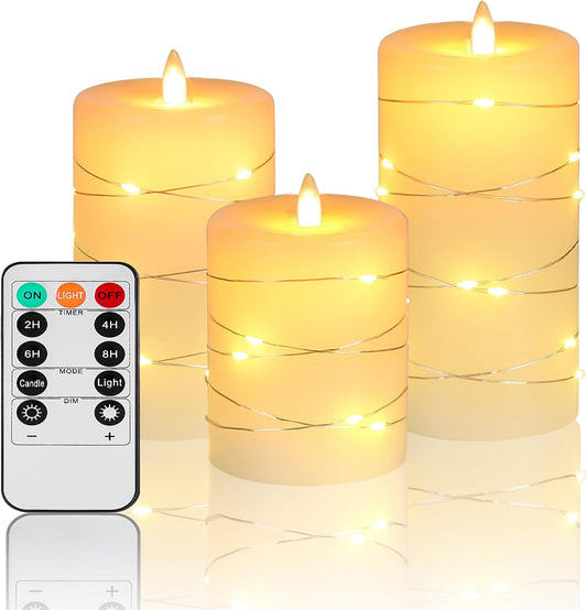 Flameless Candles With Remote, Battery Operated Candles LED Candles with string lights Flickering Candles with Timer, 4‘’ 5‘’ 6‘’ Candle For Seasonal and Festival Celebration’s Candles set of 3