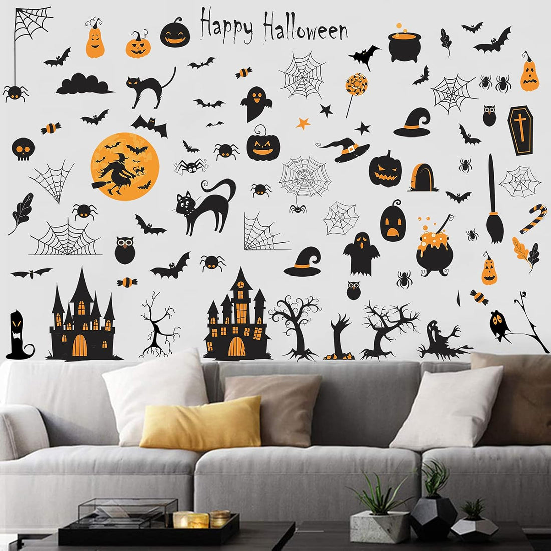 84 PCS Window Clings - Halloween Wall Stickers for Living Room, Pumpkins, Castles, Bats, Cats, Vampire, Witch Stickers, Household Decorative Murals, Party Supplies