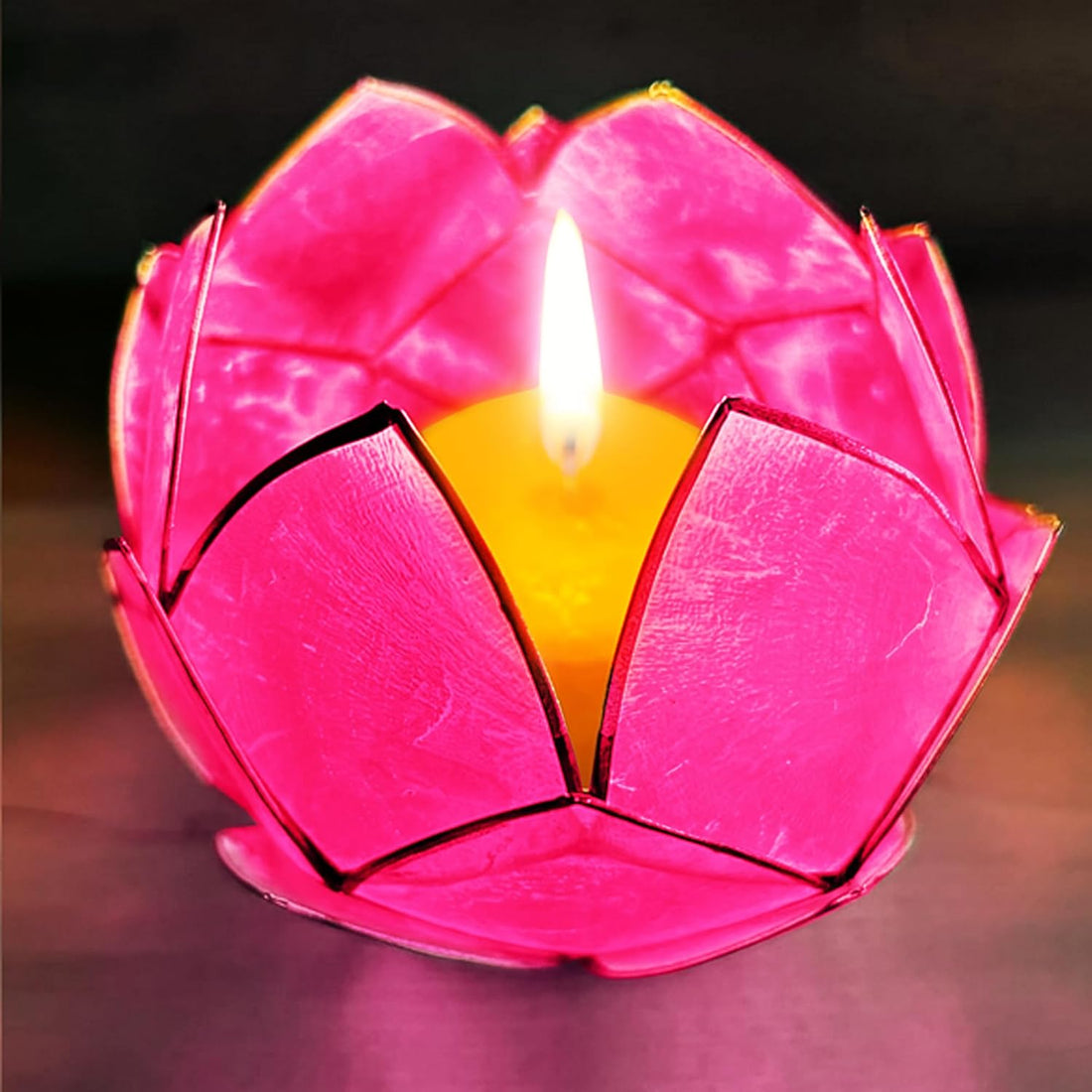 Blooming Lotus Capiz Shell Tealight Candle Holder, Handcrafted Decorative Tea Light Candleholder with Translucent Flower Petals for Ambient Illumination and Natural Elegance, Fuchsia