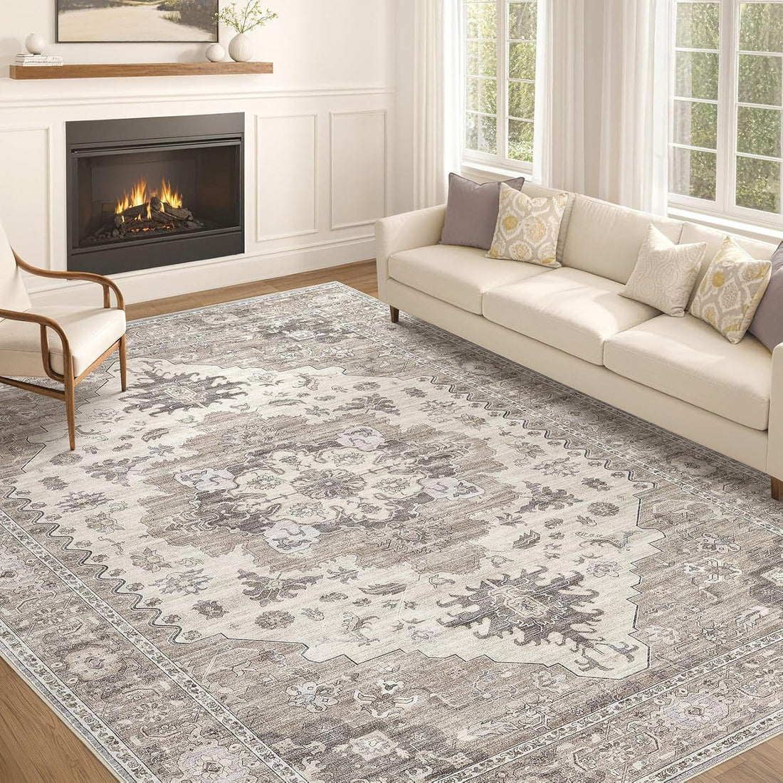 Washable Area Rugs for Living Room -10x13 Neutral Vintage Distressed Floral Farmhouse Boho Large Soft Floor Rug Indoor Non Slip Carpet for Living Room Bedroom Dining Room Office-Brown/Beige