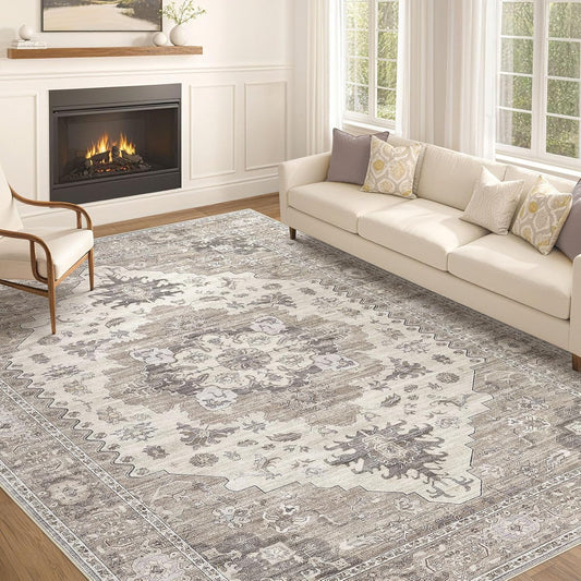 Washable Area Rugs for Living Room -10x13 Neutral Vintage Distressed Floral Farmhouse Boho Large Soft Floor Rug Indoor Non Slip Carpet for Living Room Bedroom Dining Room Office-Brown/Beige