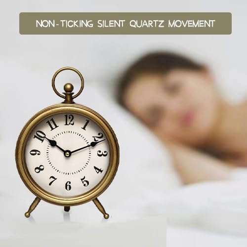 Vintage Table Clock on Stand, Decorative Desk and Shelf Clock Rustic Mantel Clock Non-Ticking, Metal Frame with Antique Gold Finish