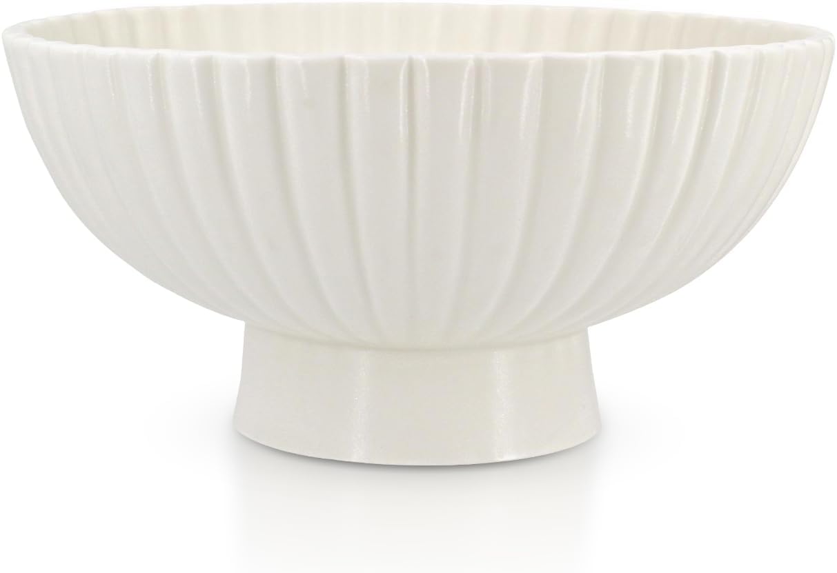White Ceramic Fluted Decorative Bowl - 8 inch Fruit Footed Bowl for Kitchen Counter, Modern Key Pedestal Ruffle Bowl for Entryway Table & Home Organization-Fits Bread, Fruits, Salad or Popcorn