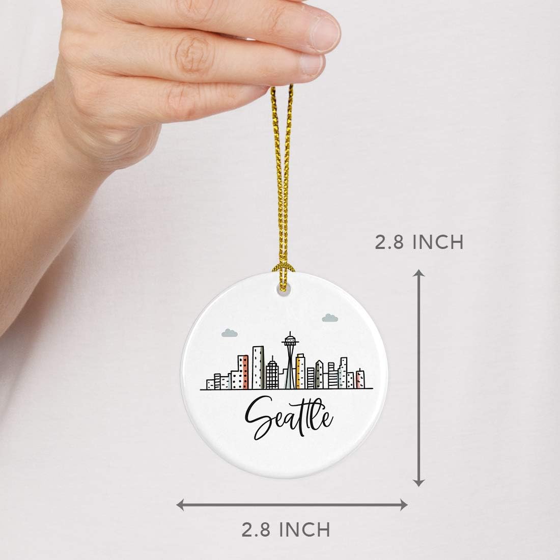 Andaz Press Round Ceramic Porcelain Christmas Tree Ornament Keepsake, Seattle Colorful City Skyline, 1-Pack, Birthday Ideas for Family Coworker, Gift Box Included