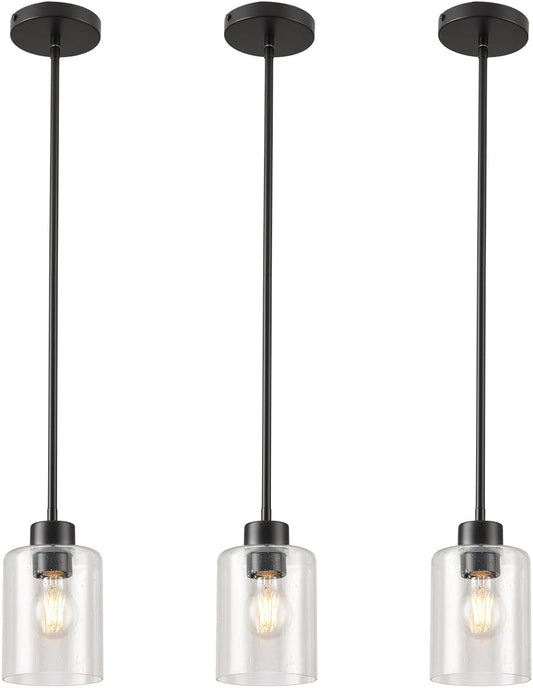 Black Pendant Lights Kitchen Island - Seeded Glass Pendant Light Fixture Multiple Stems Rods (3 Pack with Rod seeded Glass)
