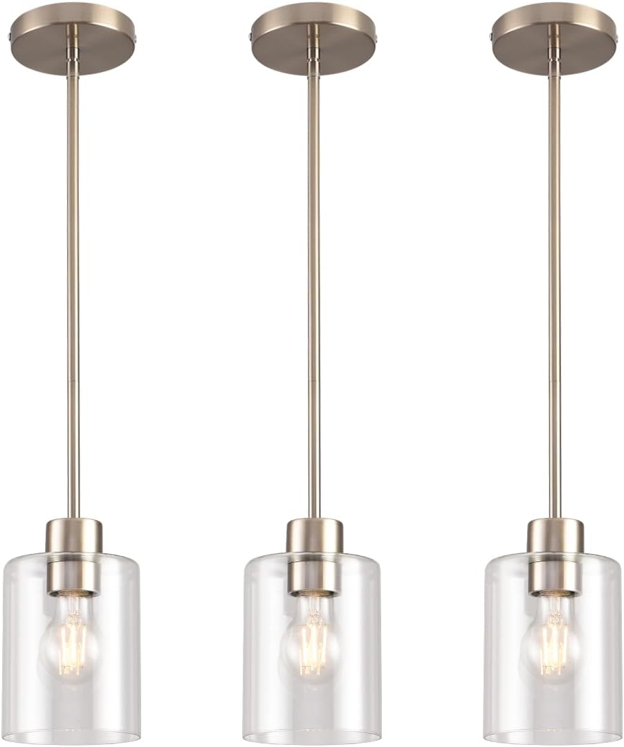 Brushed Nickel Pendant Lights Kitchen Island - Clear Glass Pendant Light Fixture Multiple Stems Rods 3 Units 12 Inch 3 Units 4 Inch (3 Pack Brushed Nickel)