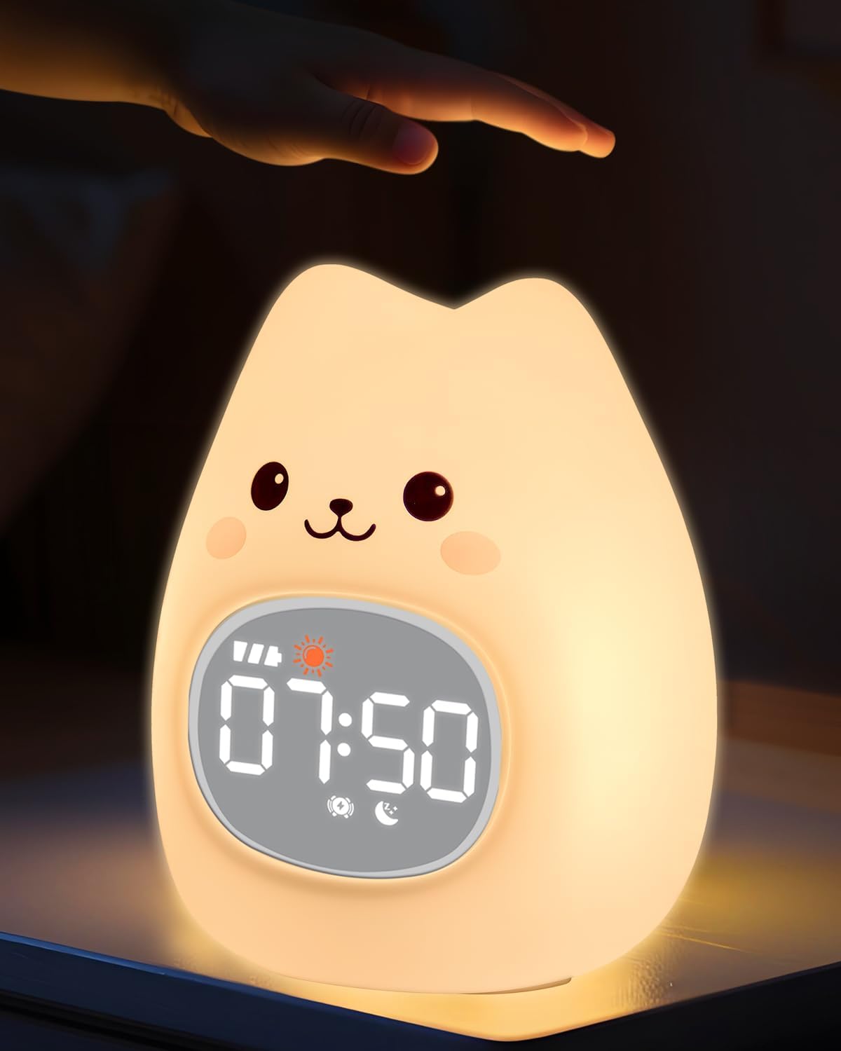Cat Alarm Clock for Kids with Night Light, Sleep Training Clock Time to Wake Clock, Rechargeable Silicone Light for Bedroom, Perfect Sleep Companion for Boys Girls