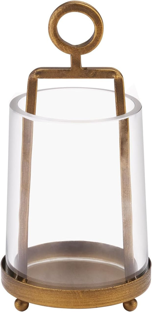 3'3" Wide Modern Metal Hurricane Lantern with Handmade Sturdy Glass Sleeve in Brass for Tealight Candle & Plants, Farmhouse Hurricane Industrial, Minimalistic, Shabby Chic (1, Brass, 3.3"x5.2")