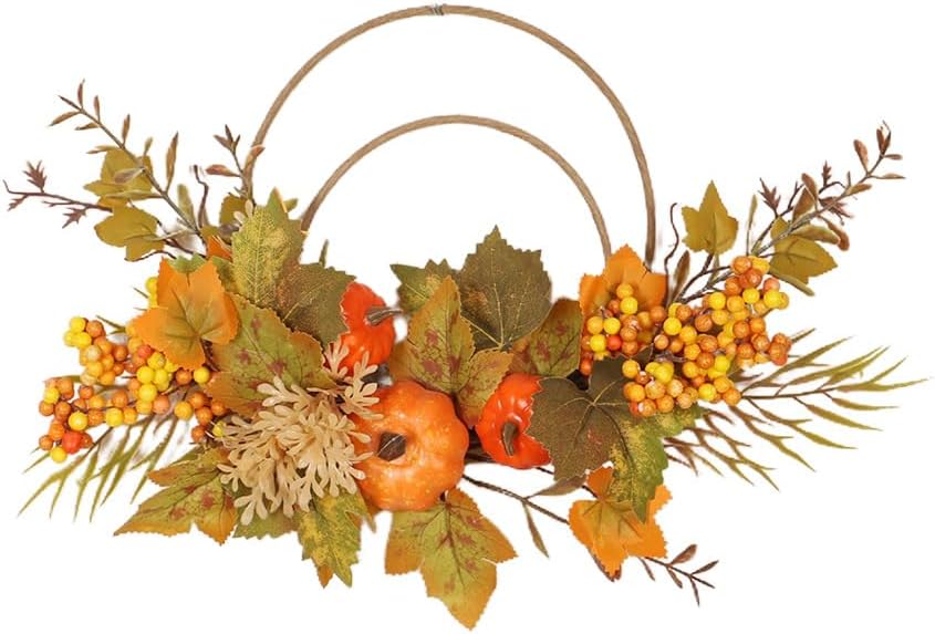 Fall Wreaths for Front Door, Autumn Wreath with Pumpkins, Berries and Leaves for Indoor Outdoor Porch Thanksgiving Farmhouse Harvest Halloween Home Décor (Orange Pumpkin)