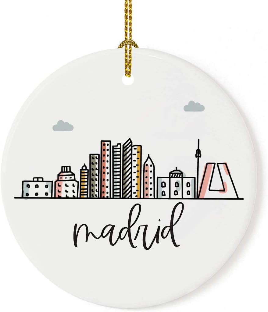 Andaz Press Round Ceramic Porcelain Christmas Tree Ornament Keepsake Gift, Madrid, Colorful International City Skyline Graphic, 1-Pack, Birthday Ideas Family Coworker Him Her, Gift Box