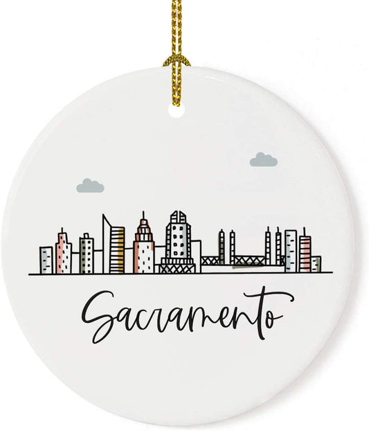 Andaz Press Round Ceramic Porcelain Christmas Tree Ornament Keepsake Gift, Sacramento, Colorful City Skyline Graphic, 1-Pack, Birthday Ideas Family Coworker Him Her, Includes Gift Box