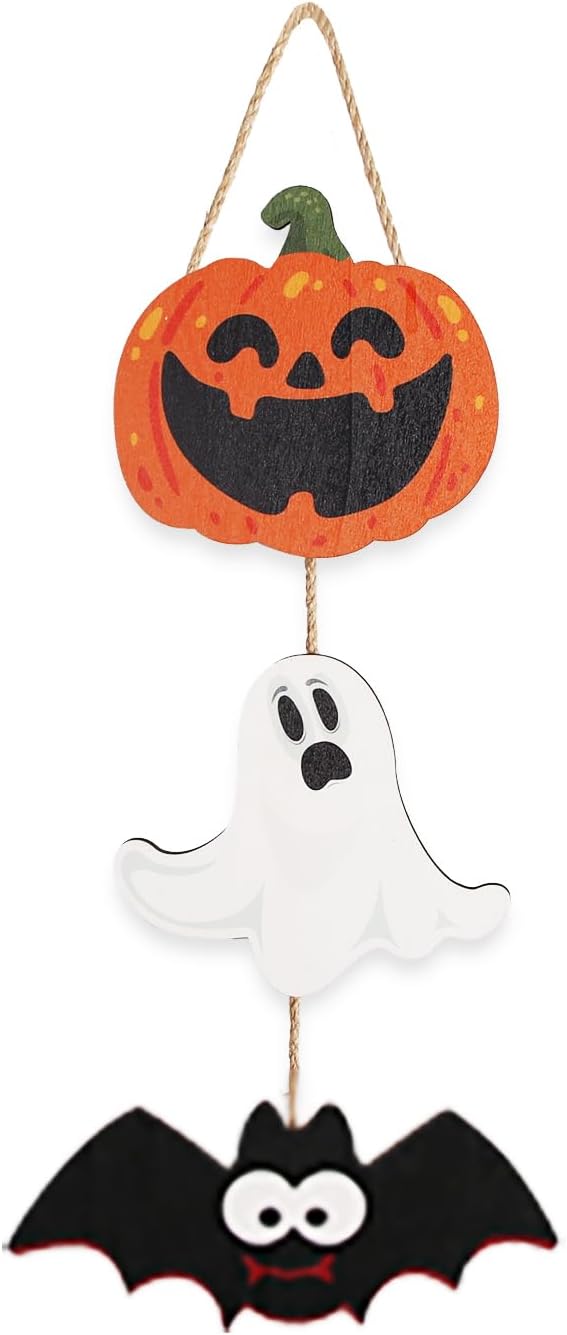 Halloween Cute Hanging Wall Plaque Sign Wall Art Plaques Decoration with Pumpkin Ghost Bat Pattern 3 Pieces Wooden Wreaths Plaques for Front Door Home Outdoor Yard Art