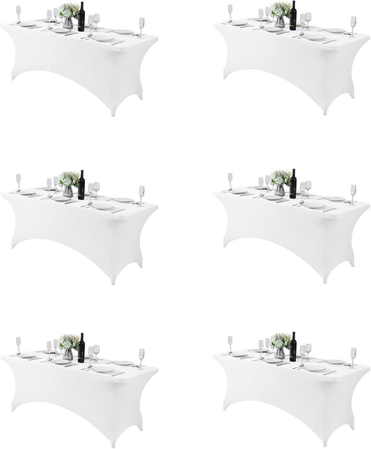 6PCS Spandex Table Cover for 6FT Table Universal Fitted Stretch Tablecloth for Party, Banquet, Wedding and Events-White