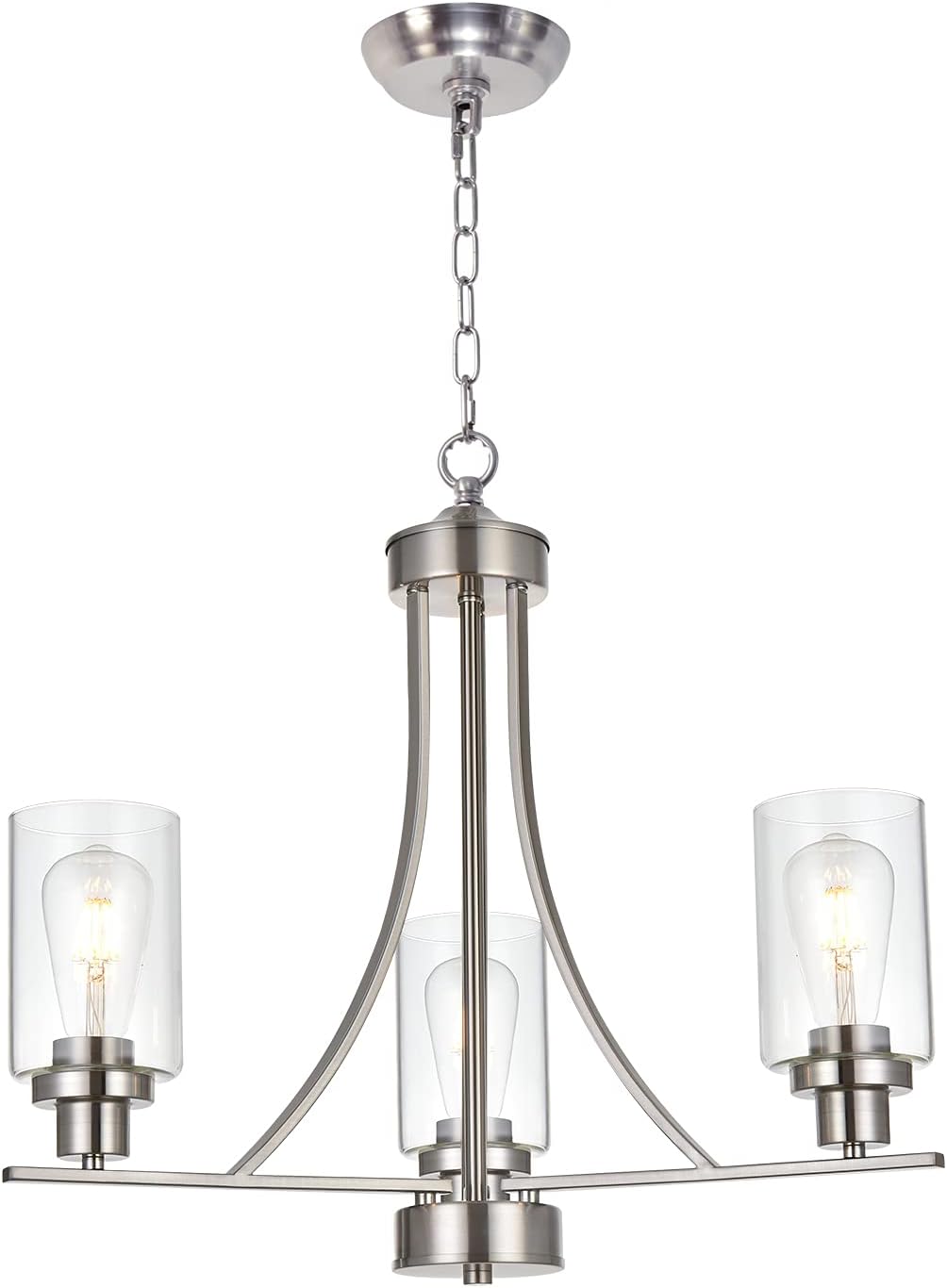 BONLICHT Contemporary Chandelier 3 Light Brushed Nickel Modern Lighting Fixtures Hanging Clear Glass Shades Pendant Light Classic Ceiling Lamp for Kitchen Dinging Room Living Room Bedroom Hallway