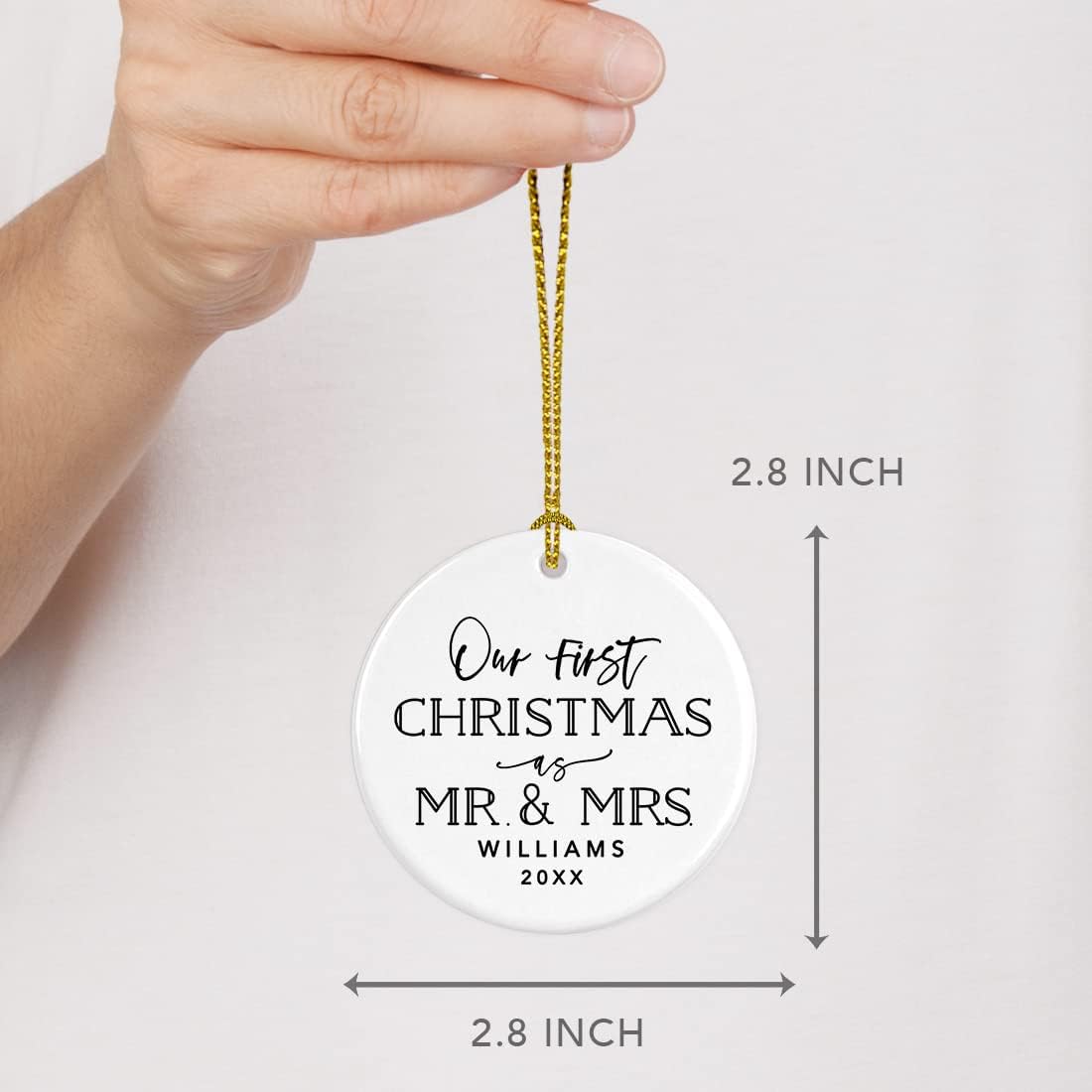 Andaz Press Personalized Our First Christmas As Mr. & Mrs. 2024 Christmas Ornaments Modern Black and White 2.8" Round Porcelain Ceramic 1st Year Married Custom Ornament Keepsake for Newlyweds 1-Pack