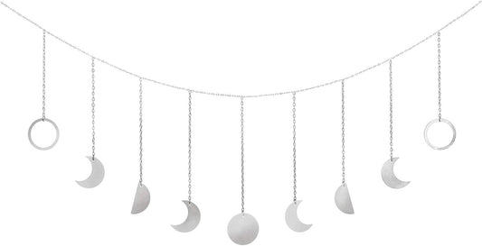 Mkono Moon Phase Wall Hanging Boho Aesthetic Room Decor Metal Moons Garland Hanging Art Bohemian Home Decoration for Girls Room Nursery Bedroom Livingroom Dorm, Ideal, Silver, 50"