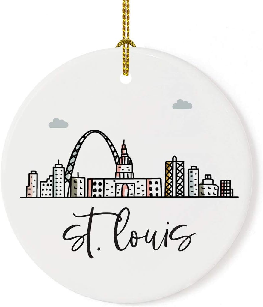 Andaz Press Round Ceramic Porcelain Christmas Tree Ornament Keepsake Gift, St. Louis, Colorful City Skyline Graphic, 1-Pack, Birthday Family Coworker Includes Gift Box St. Louis Ornament 2024