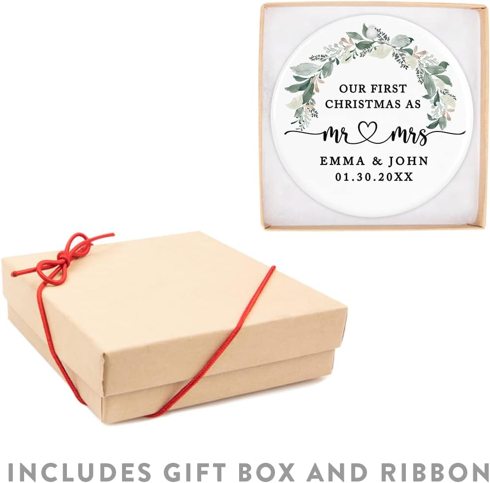 Andaz Press Personalized Our First Christmas As Mr. & Mrs. 2025 Christmas Ornaments Foliage Wreath 2.8" Round Porcelain Ceramic 1st Year Married Custom Ornament Keepsake for Newlyweds 1-Pack