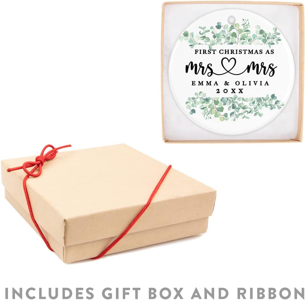 Andaz Press Personalized Our First Christmas As Mrs. & Mrs. 2025 Christmas Ornaments Greenery Eucalyptus 2.8" Round Porcelain Ceramic Lesbian Married Couple Gay Women Newlyweds Keepsake 1-Pack