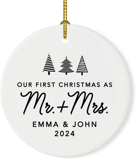 Andaz Press Personalized Our First Christmas As Mr. & Mrs. 2024 Christmas Ornaments Christmas Trees Design 2.8" Round Porcelain Ceramic 1st Year Married Custom Ornament Keepsake for Newlyweds 1-Pack